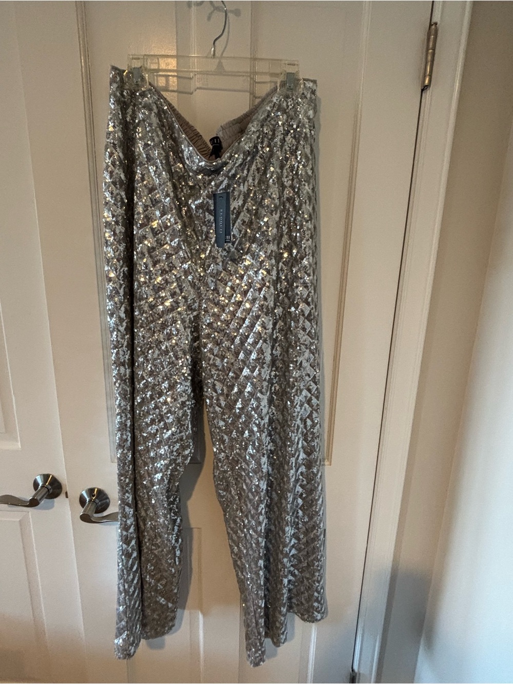 Eloquii Silver Quilted Sequin Wide-Leg Trousers